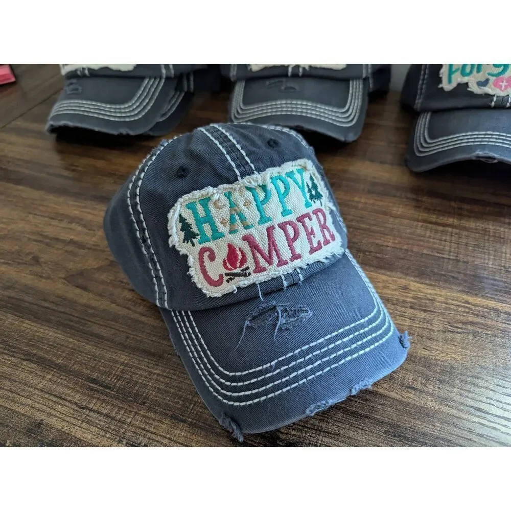 Ladies Black Happy Camper Baseball Hat